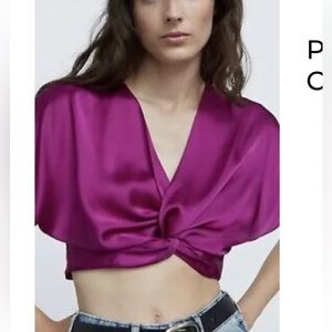 New Zara Crop Plum Knotted Blouse size Medium